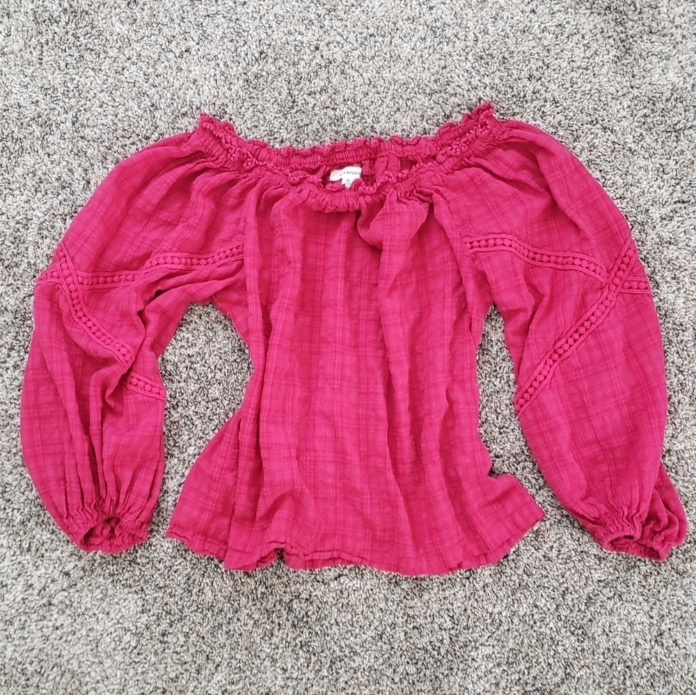 Max Studio | Off-Shoulder, Puff Sleeve Linen Blouse